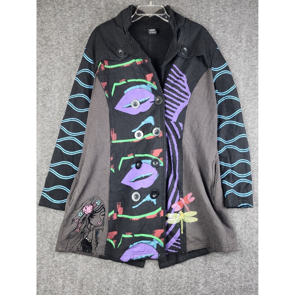 Moka Sport Jacket Women L Mixed Media Art Graphic Sherpa Lined Vintage‎ Style